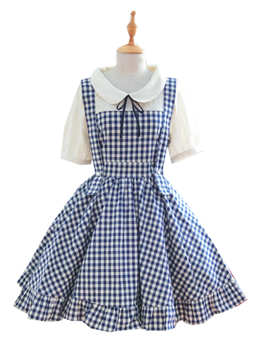 Pastoral Style Lattice Fake Two Pieces Sweet Lolita Short Sleeves Dress