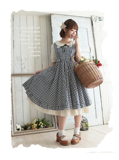 Pastoral Style Lattice Fake Two Pieces Sweet Lolita Short Sleeves Dress