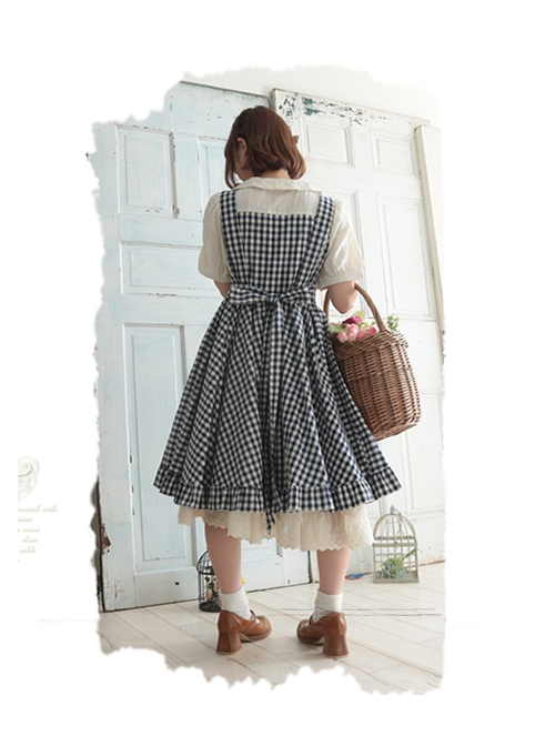 Pastoral Style Lattice Fake Two Pieces Sweet Lolita Short Sleeves Dress