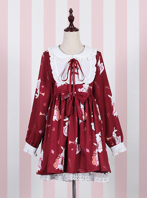 Fashion And Musical Instrument Rabbit Series Printing Sweet Lolita Long Sleeves Dress