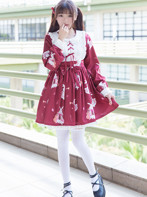 Fashion And Musical Instrument Rabbit Series Printing Sweet Lolita Long Sleeves Dress