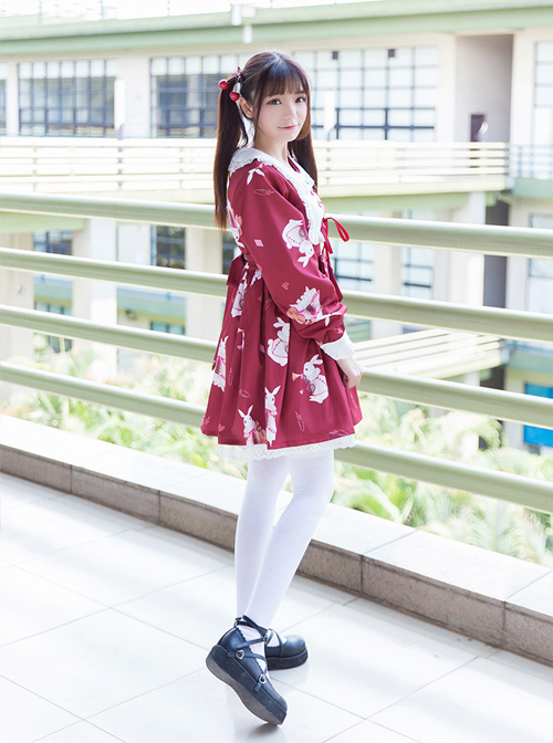 Fashion And Musical Instrument Rabbit Series Printing Sweet Lolita Long Sleeves Dress