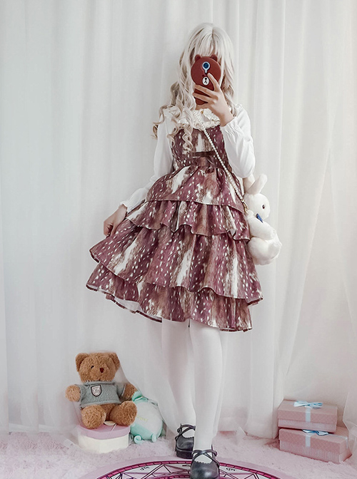 Daily Fawn Pattern Sweet Lolita Sling Cake Dress