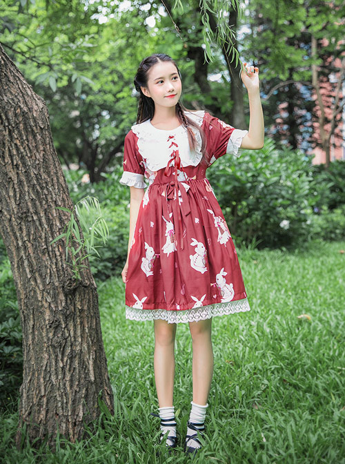 Fashion Musical Instrument Rabbit Series Printing Sweet Lolita Short Sleeves Dress