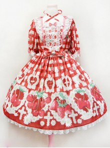 Fashion Cherry Red Strawberry High Waist Sweet Lolita Short Sleeves Dress