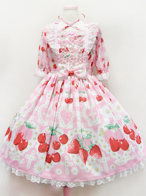 Fashion Cherry Red Strawberry High Waist Sweet Lolita Short Sleeves Dress