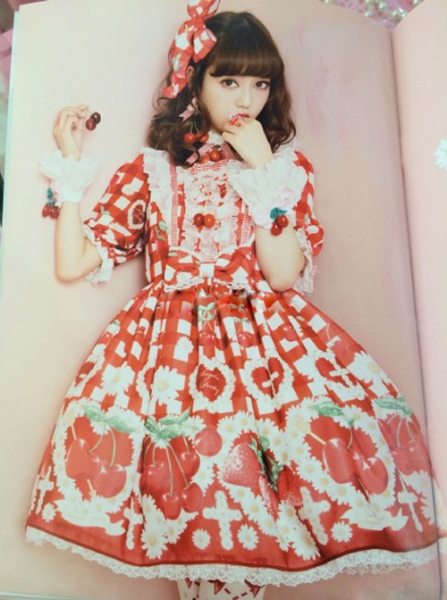 Fashion Cherry Red Strawberry High Waist Sweet Lolita Short Sleeves Dress