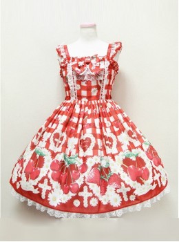 Fashion Cute Cherry Red Strawberry High Waist Sweet Lolita Sling Dress