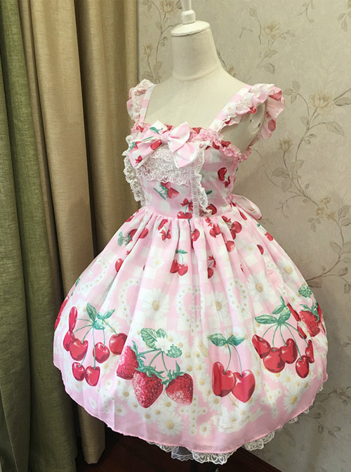 Fashion Cute Cherry Red Strawberry High Waist Sweet Lolita Sling Dress