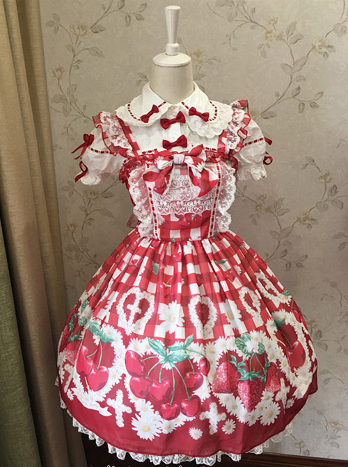 Fashion Cute Cherry Red Strawberry High Waist Sweet Lolita Sling Dress