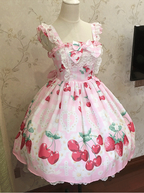 Fashion Cute Cherry Red Strawberry High Waist Sweet Lolita Sling Dress