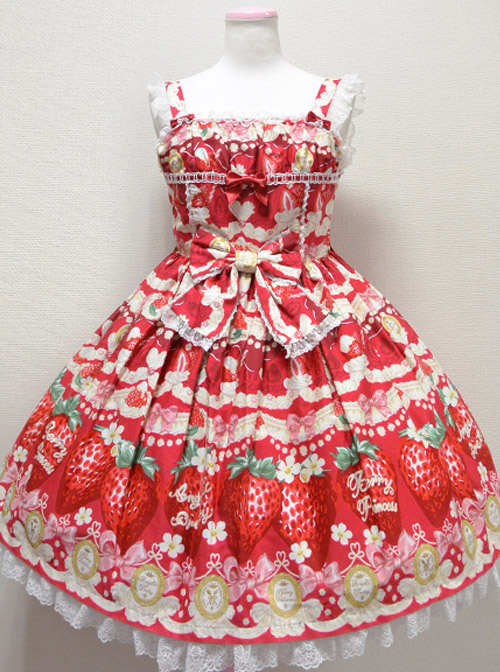 Fashion Cute Strawberry Printing Lace Bowknot Sweet Lolita Sling Dress