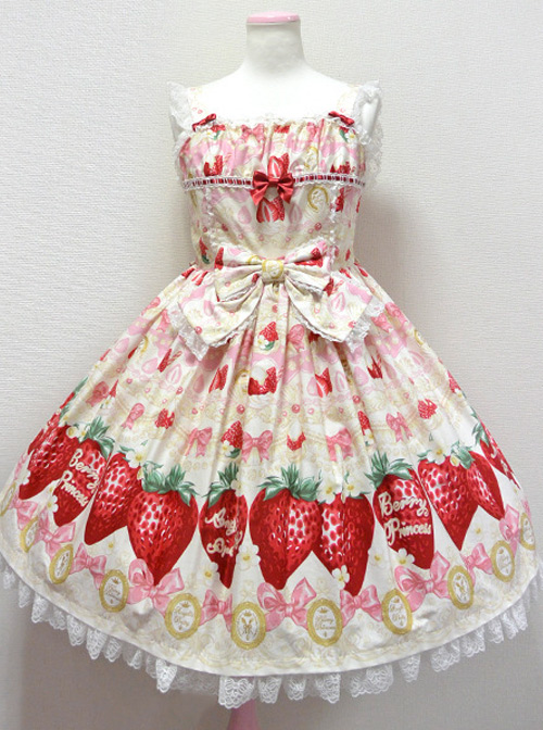 Fashion Cute Strawberry Printing Lace Bowknot Sweet Lolita Sling Dress