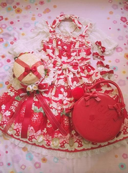 Fashion Cute Strawberry Printing Lace Bowknot Sweet Lolita Sling Dress
