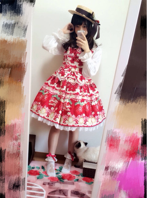 Fashion Cute Strawberry Printing Lace Bowknot Sweet Lolita Sling Dress