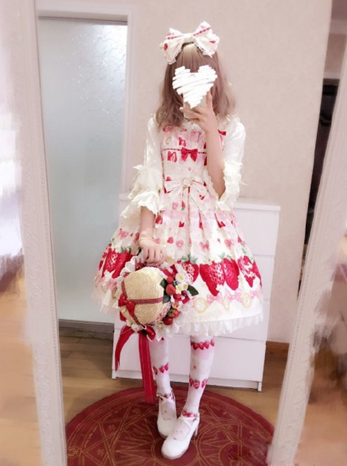 Fashion Cute Strawberry Printing Lace Bowknot Sweet Lolita Sling Dress