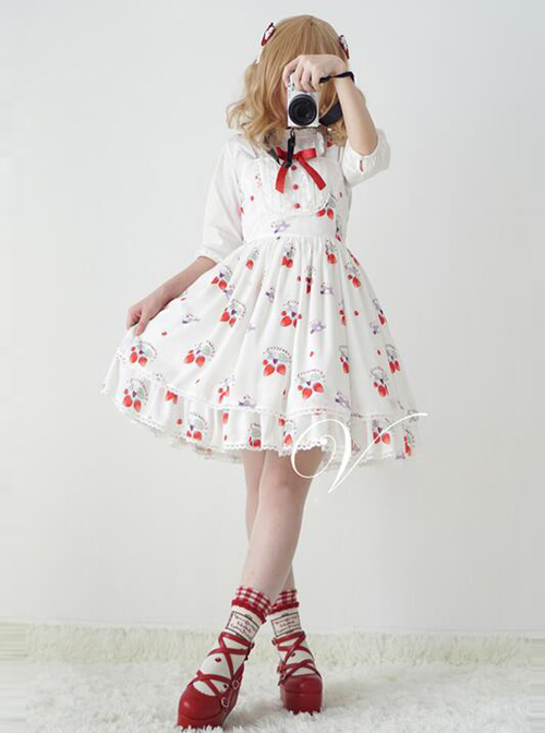 Fashion Strawberry Cat Printing Cute Sweet Lolita Sling Dress