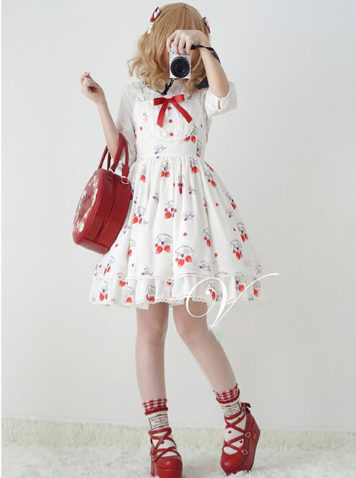 Fashion Strawberry Cat Printing Cute Sweet Lolita Sling Dress