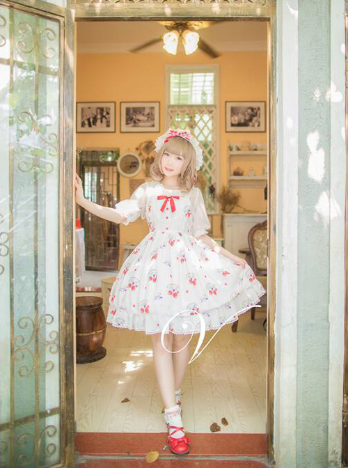 Fashion Strawberry Cat Printing Cute Sweet Lolita Sling Dress