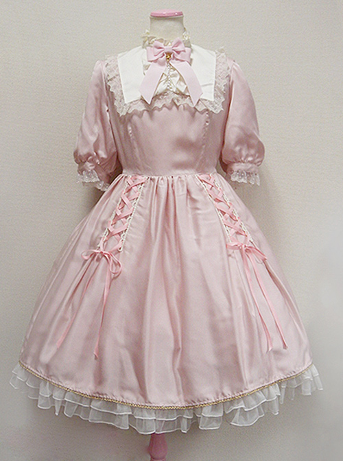 Cute Retro Pink Lace Bowknot Sweet Lolita Short Sleeves Dress