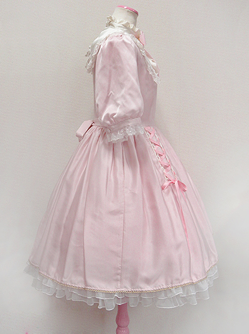 Cute Retro Pink Lace Bowknot Sweet Lolita Short Sleeves Dress
