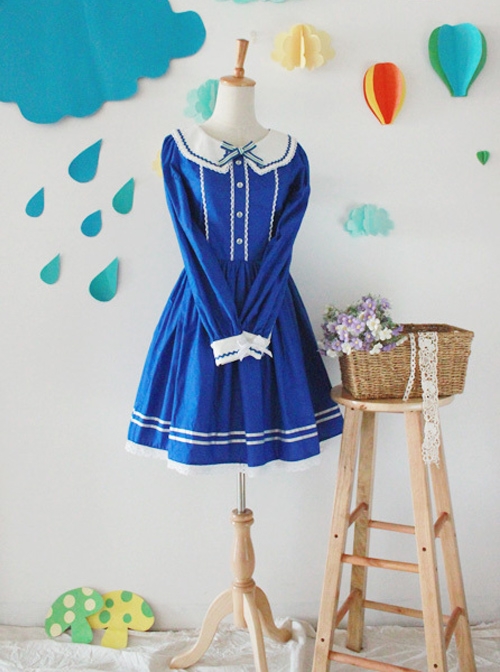 The Seaside Story Series Navy Style Navy Blue Sweet Lolita Long Sleeve Dress