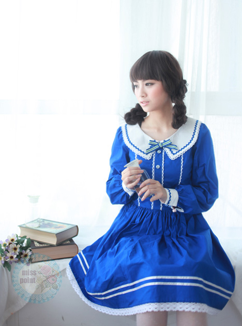 The Seaside Story Series Navy Style Navy Blue Sweet Lolita Long Sleeve Dress