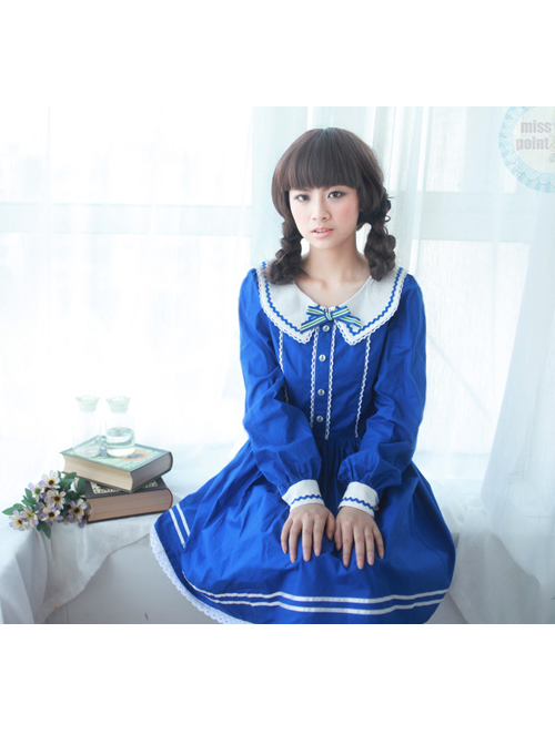 The Seaside Story Series Navy Style Navy Blue Sweet Lolita Long Sleeve Dress