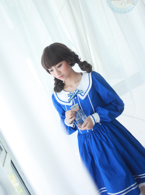 The Seaside Story Series Navy Style Navy Blue Sweet Lolita Long Sleeve Dress