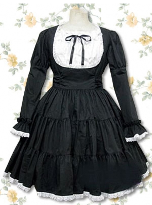 Pure Cotton Black-white Long Sleeves Flounced Gothic Lolita Dress
