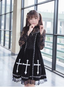 Crucifix Embroidery Lace Velvet Retro Gothic Lolita Dress