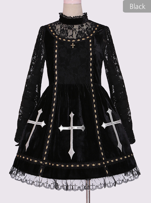 Crucifix Embroidery Lace Velvet Retro Gothic Lolita Dress