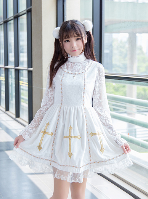 Crucifix Embroidery Lace Velvet Retro Gothic Lolita Dress