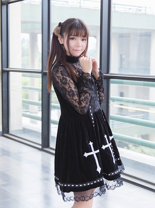 Crucifix Embroidery Lace Velvet Retro Gothic Lolita Dress