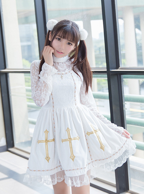 Crucifix Embroidery Lace Velvet Retro Gothic Lolita Dress