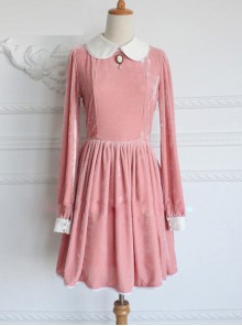 Retro Pink Pleuche Round Collar Long Sleeves Classic Lolita Dress