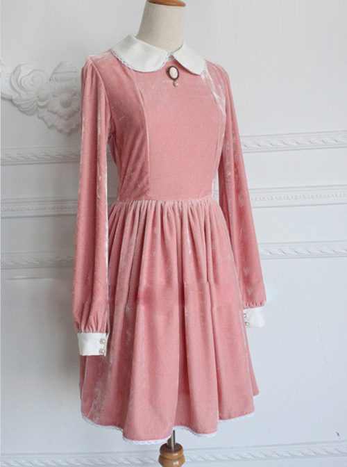 Retro Pink Pleuche Round Collar Long Sleeves Classic Lolita Dress