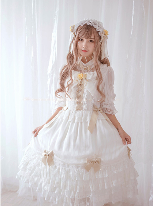 Chiffon Bowknot Lace Little Turtleneck Sweet Lolita Short Sleeves Dress