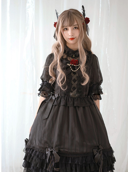 Chiffon Bowknot Lace Little Turtleneck Sweet Lolita Short Sleeves Dress