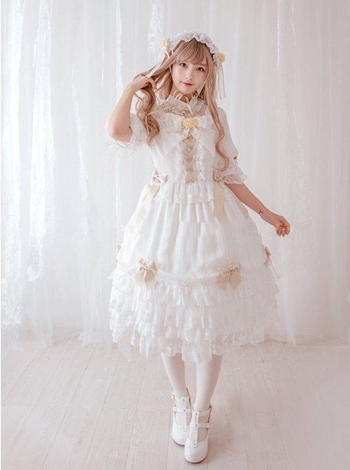 Chiffon Bowknot Lace Little Turtleneck Sweet Lolita Short Sleeves Dress