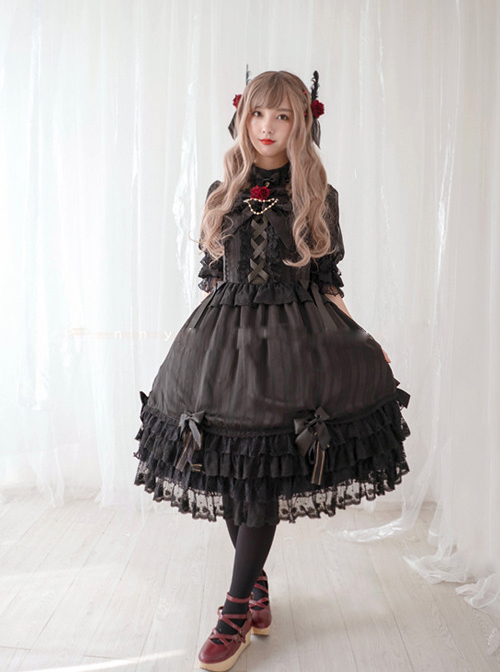 Chiffon Bowknot Lace Little Turtleneck Sweet Lolita Short Sleeves Dress