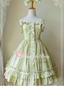 Magic Tea Party Fragrant Summer Series Heart Pattern Plaid Sweet Lolita Light Green Sling Dress