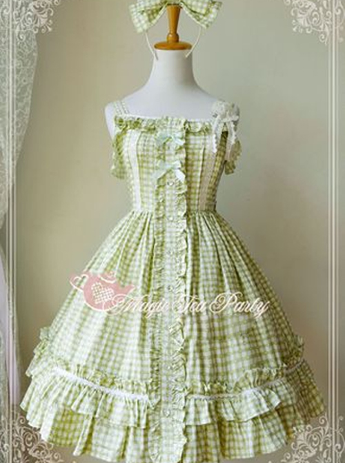 Magic Tea Party Fragrant Summer Series Heart Pattern Plaid Sweet Lolita Light Green Sling Dress