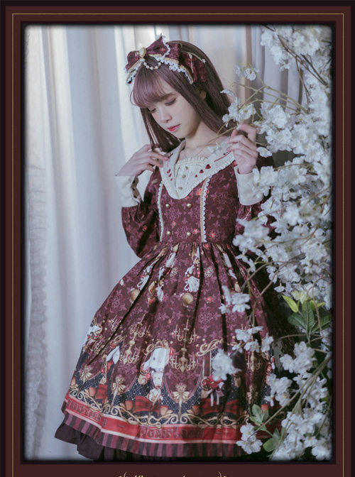 Pokerland's Bunnies Series Wine Red Sweet Lolita Long Sleeve Dress