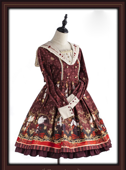 Pokerland's Bunnies Series Wine Red Sweet Lolita Long Sleeve Dress