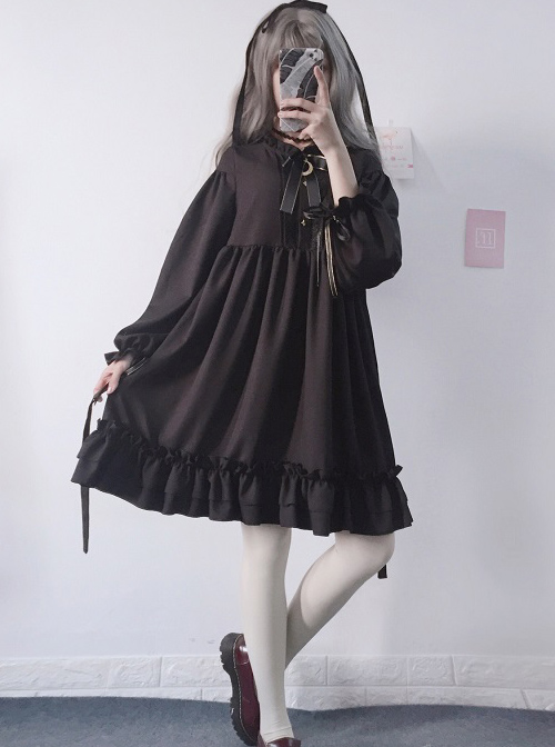 The Castle Under The Moonlight Pure Black Gothic Lolita Long Sleeve Dress