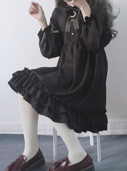 The Castle Under The Moonlight Pure Black Gothic Lolita Long Sleeve Dress