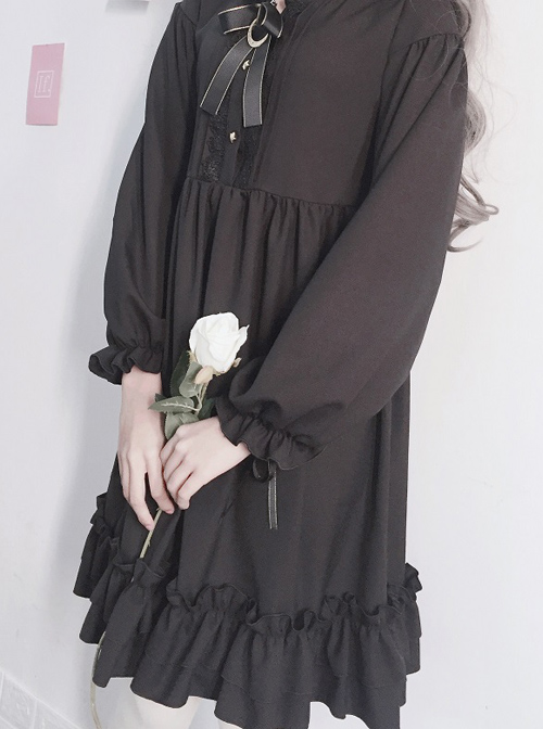 The Castle Under The Moonlight Pure Black Gothic Lolita Long Sleeve Dress