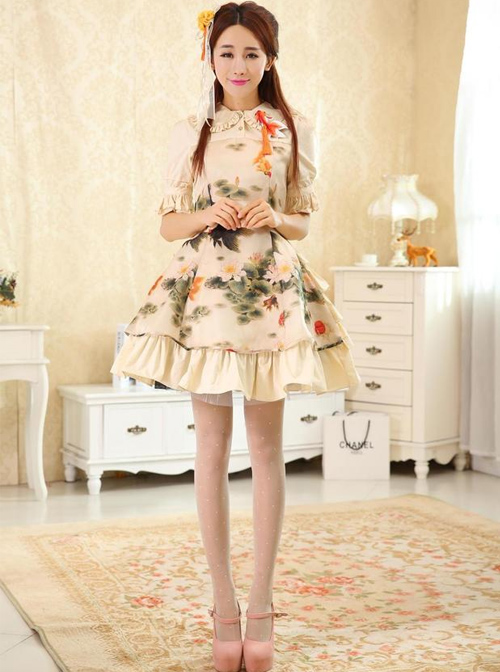 Koi And Lotus Flower Chinese Style Lolita Short Sleeve Dress