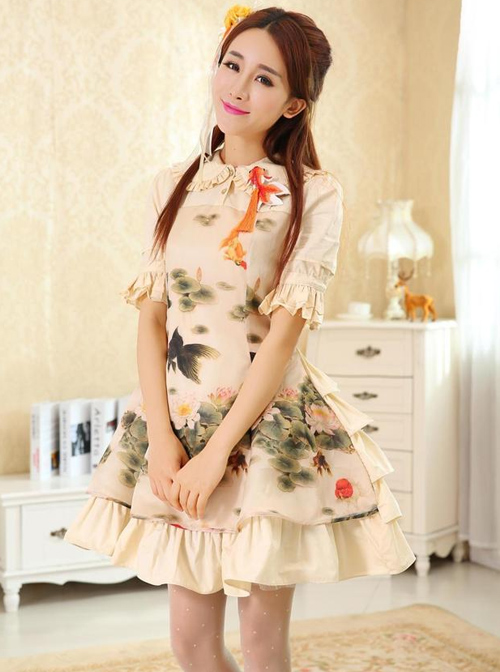 Koi And Lotus Flower Chinese Style Lolita Short Sleeve Dress